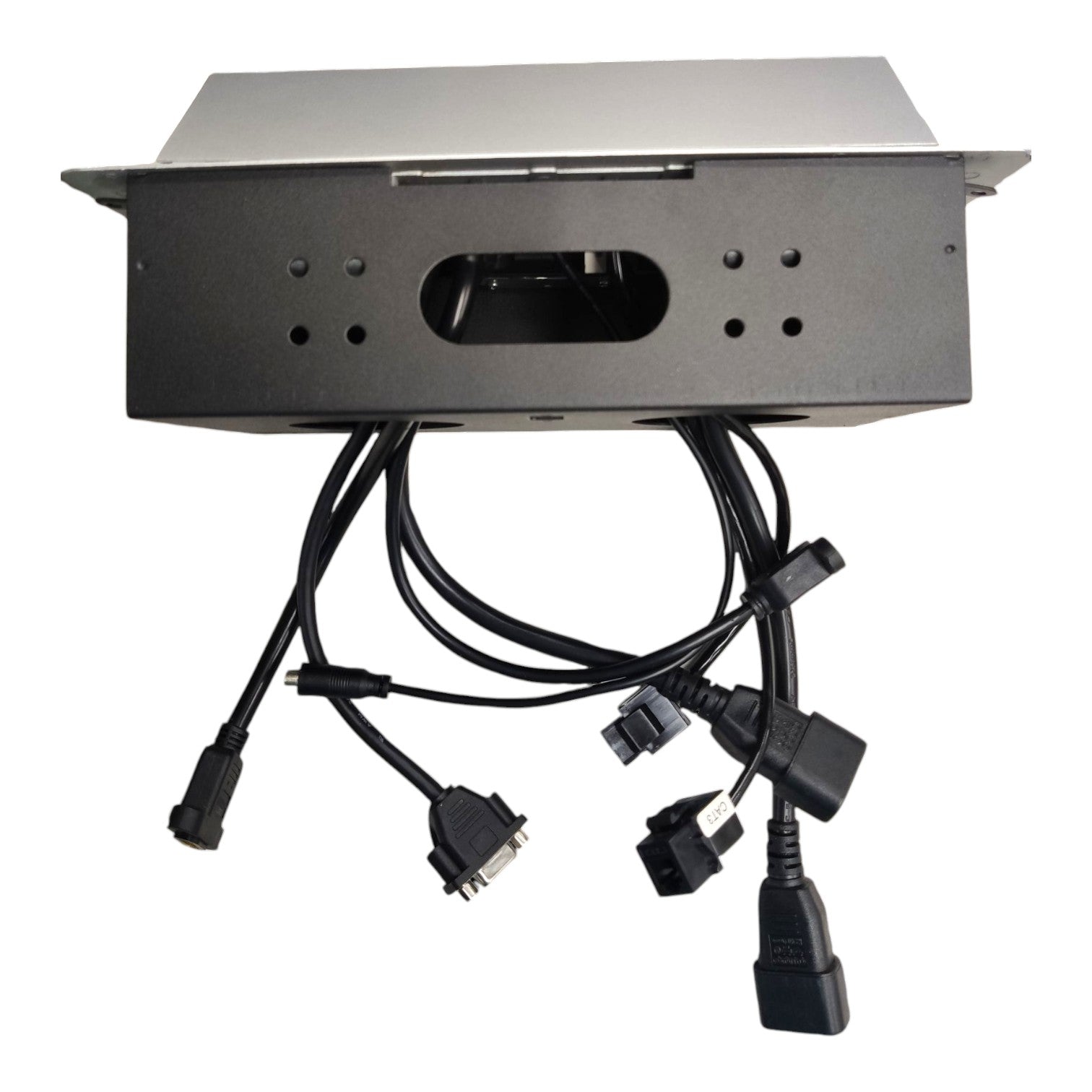 A black metal electronic control box with a silver top cover, shown from a side angle with several attached black cables and connectors on a plain white background.