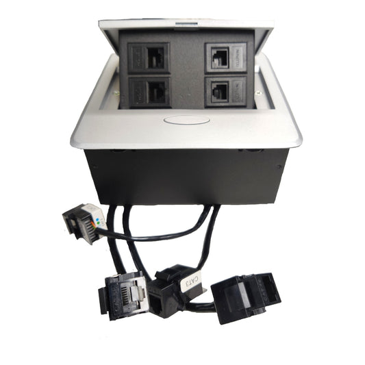A black and silver RJ45 network patch panel with an open lid showing four ports, plus attached Ethernet cables and connectors, on a white background.