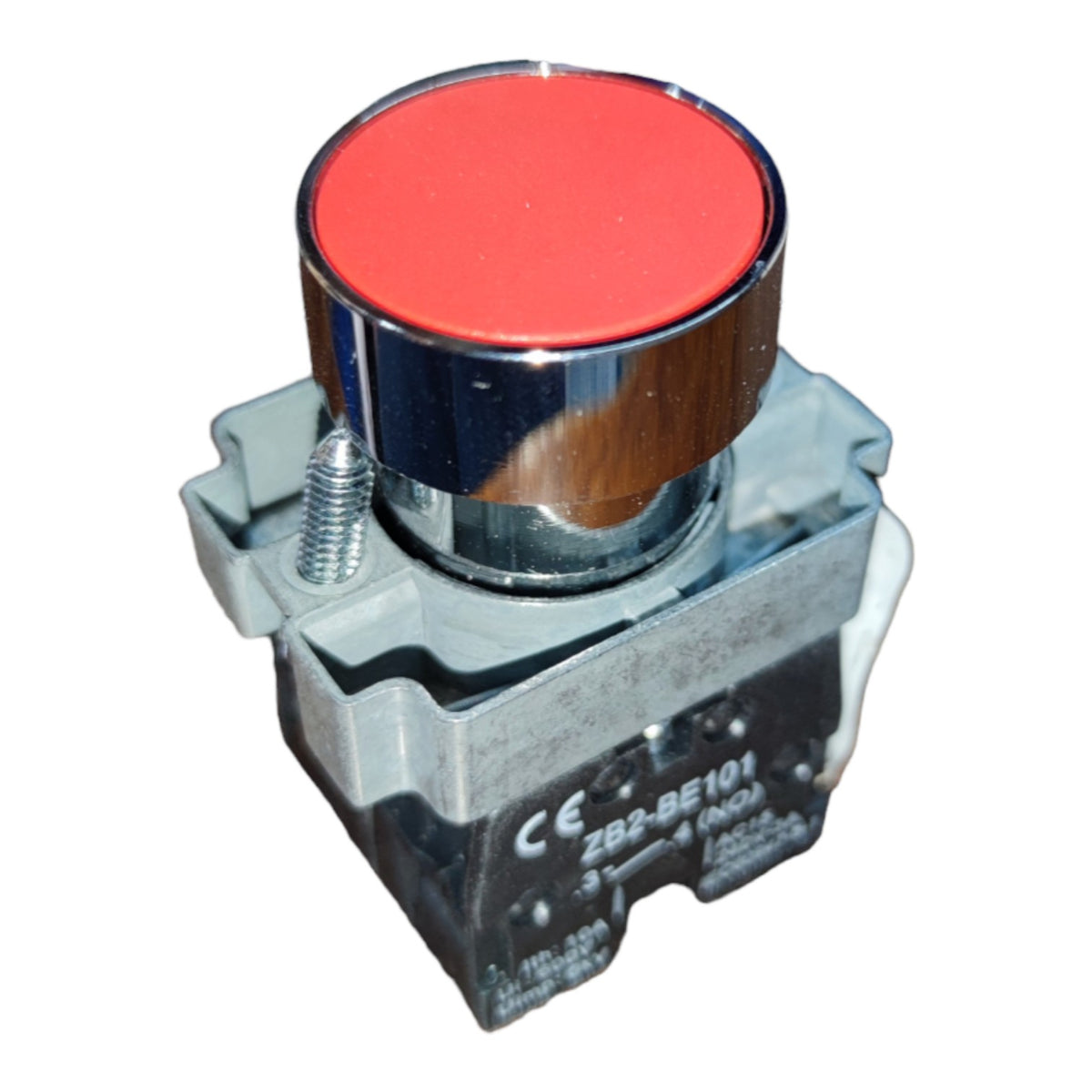 A heavy-duty industrial push button with a red top surface, a polished chrome metal collar, and a gray cast metal base with screw terminals.