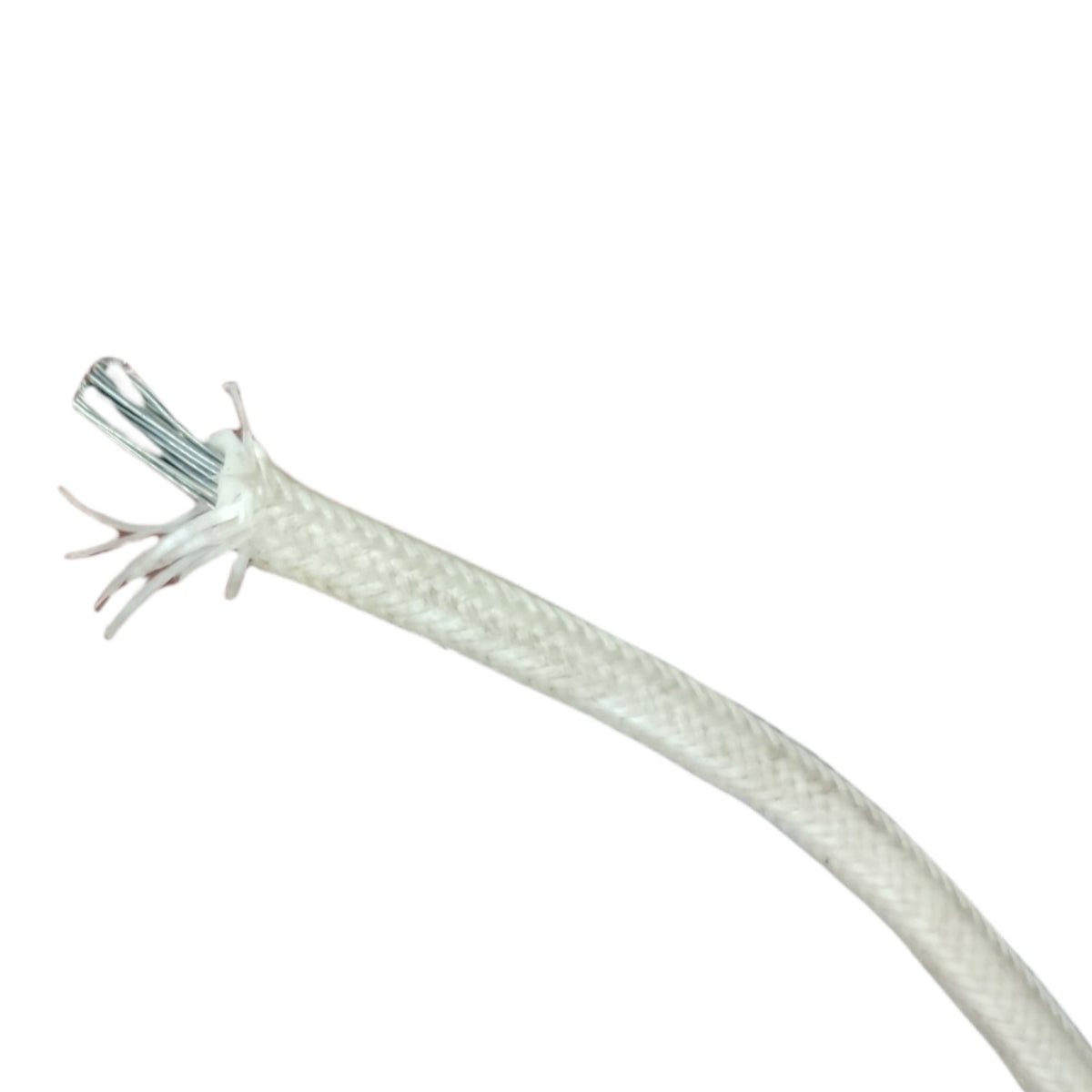 A close-up of a white braided cable or wire showing the exposed inner strands and metallic ends, isolated on a white background.