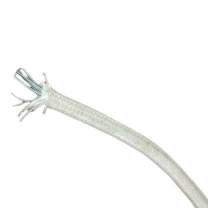 A close-up of a white braided cable or wire showing the exposed inner strands and metallic ends, isolated on a white background.