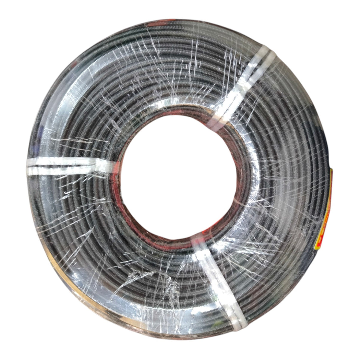 A large spool of black cable or wire wrapped in clear protective plastic, isolated on a white background.