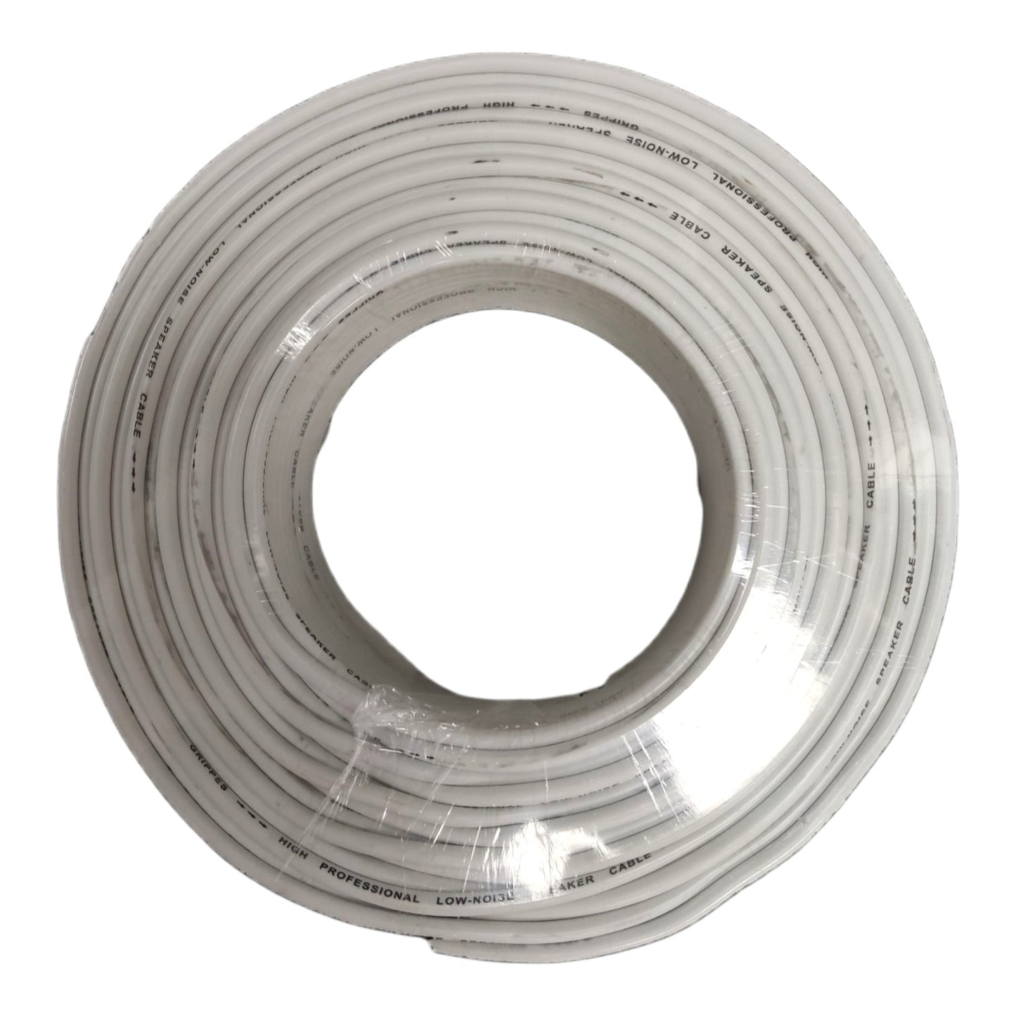 A coiled roll of white low-voltage copper cable, wrapped in clear protective plastic, photographed against a solid white background.