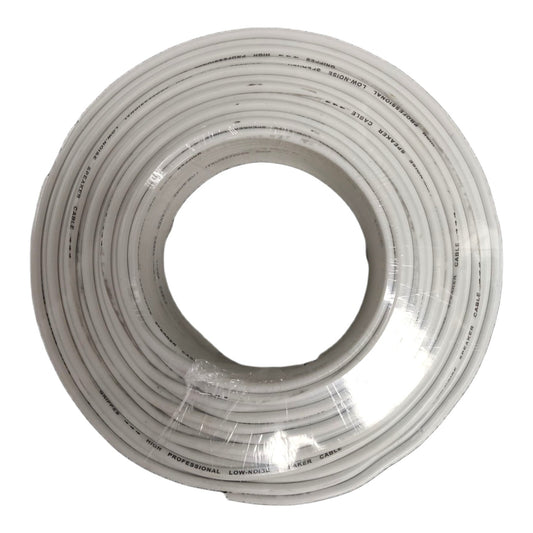 A coiled roll of white low-voltage copper cable, wrapped in clear protective plastic, photographed against a solid white background.