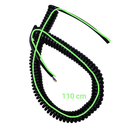 Coiled black and green cable with a length of 110 cm on a white background