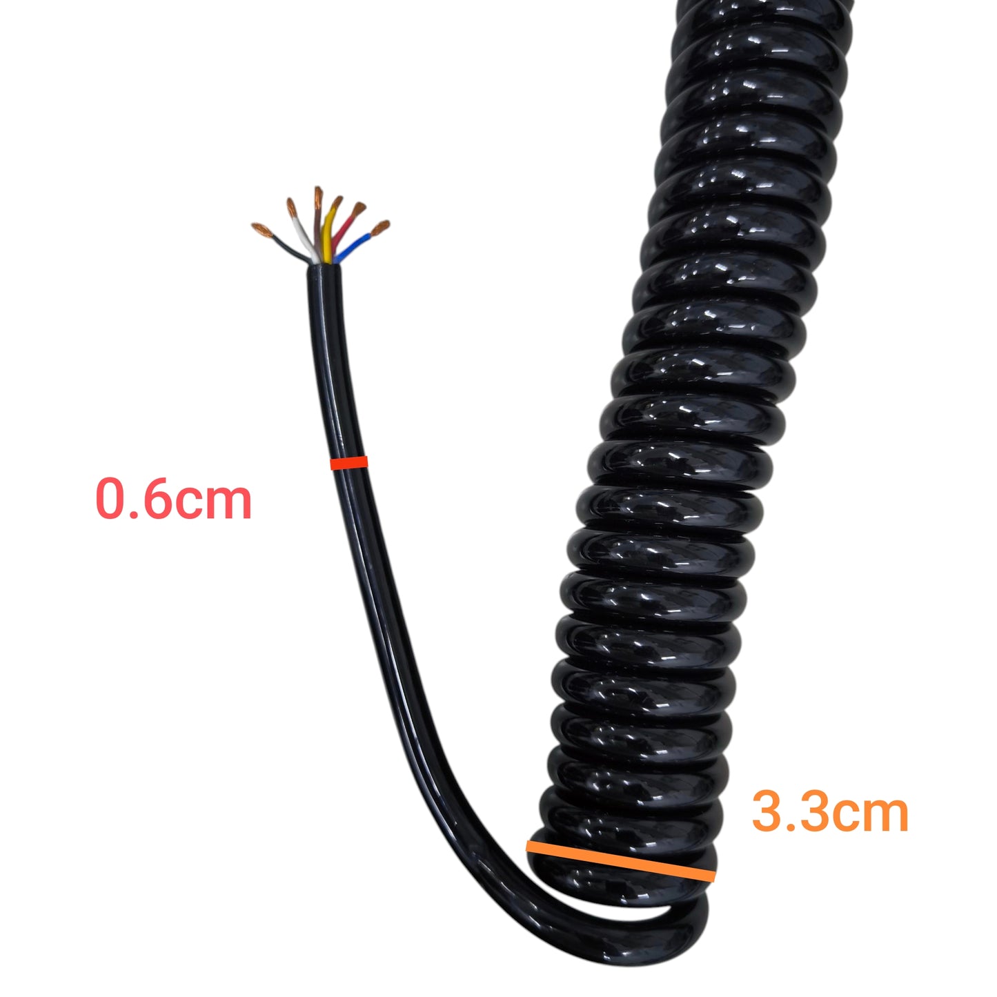 Coiled black cable with measurements on a white background