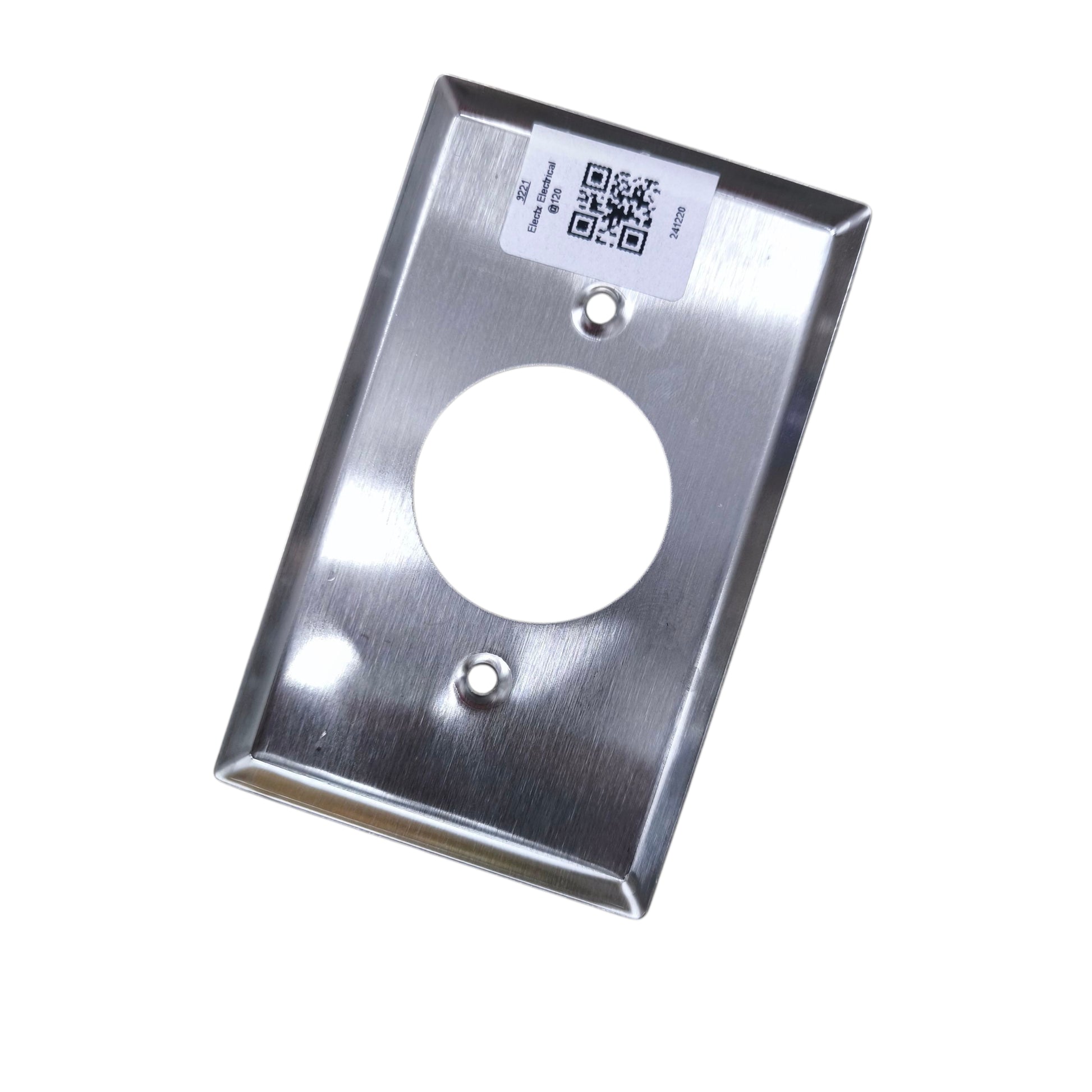 Metallic plate with a circular hole and QR code label on a white background Grippes Twist Lock Outlet Metal Plate 39mm Hole 9221 Electx Electrical Supply