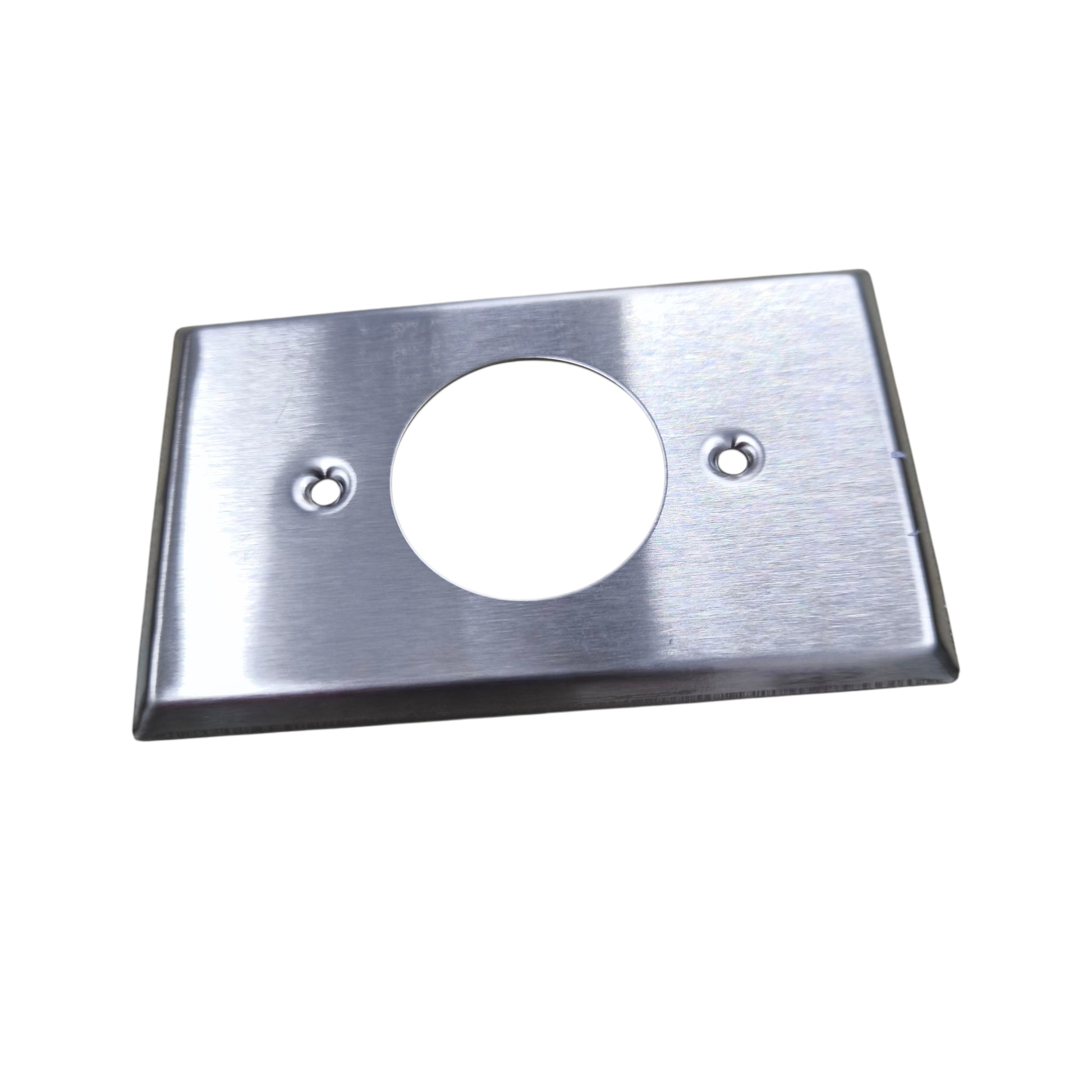 Metallic rectangular plate with a circular hole on a white background Grippes Twist Lock Outlet Metal Plate 39mm Hole 9221 Electx Electrical Supply