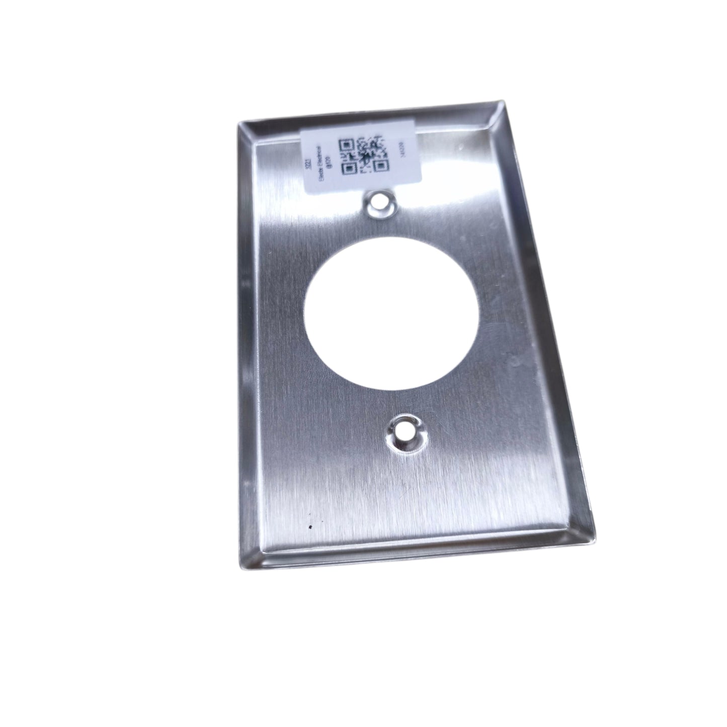 Metallic wall plate with a round hole on a white background Grippes Twist Lock Outlet Metal Plate 39mm Hole 9221 Electx Electrical Supply