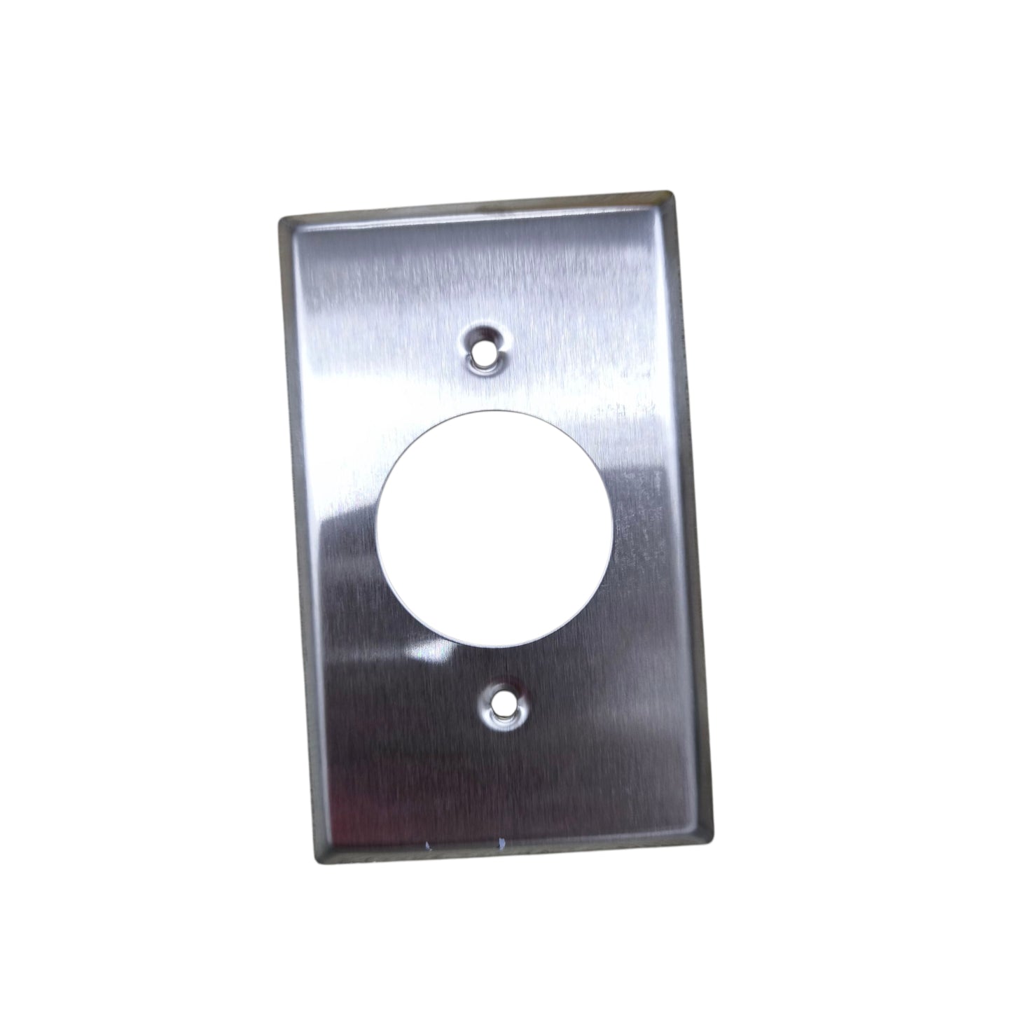 Metallic rectangular plate with circular cutout on a white background Grippes Twist Lock Outlet Metal Plate 39mm Hole 9221 Electx Electrical Supply