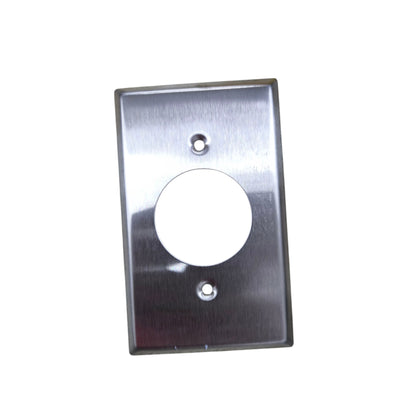 Metallic rectangular plate with circular cutout on a white background Grippes Twist Lock Outlet Metal Plate 39mm Hole 9221 Electx Electrical Supply