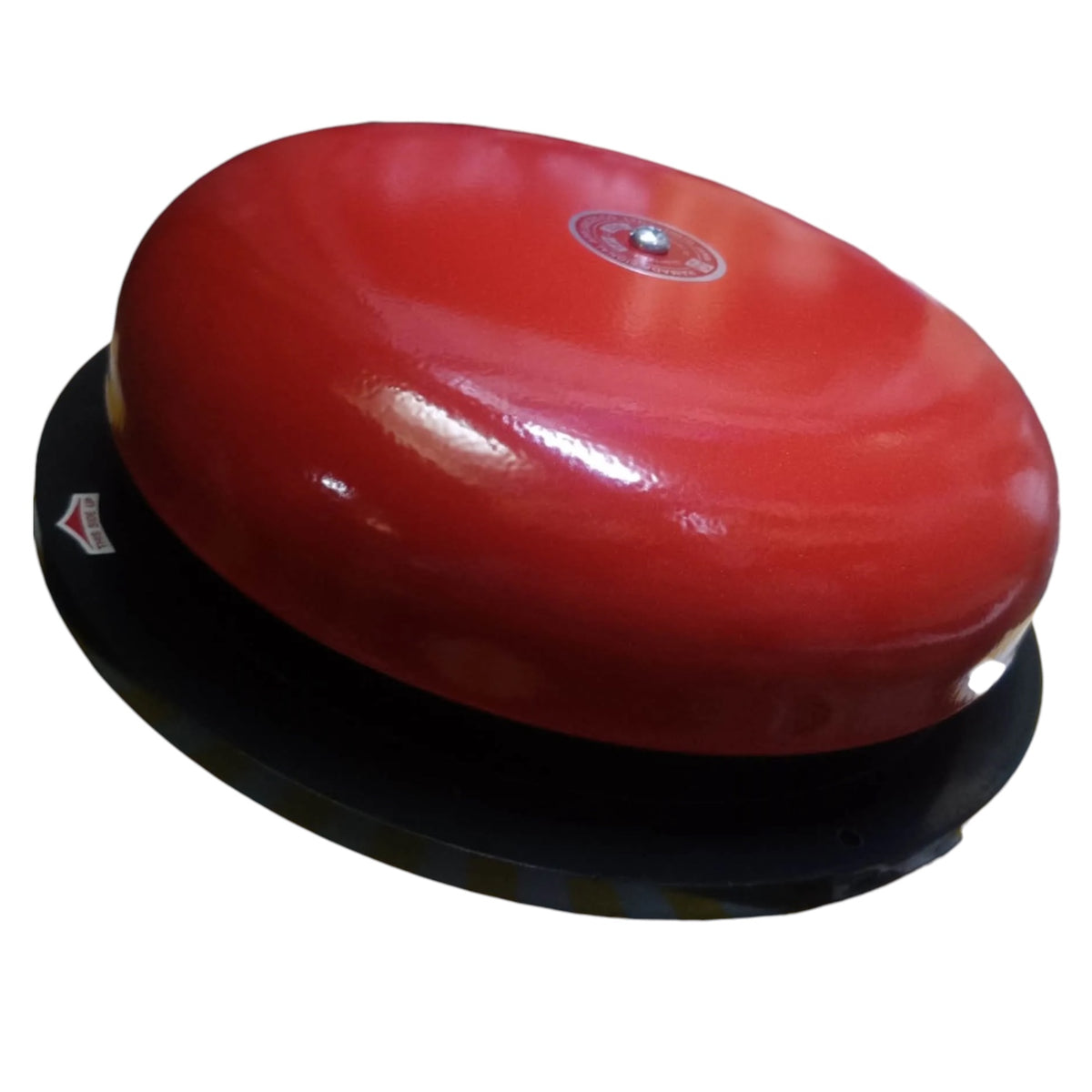 A red dome-shaped bell with a black base, photographed on a plain white background.