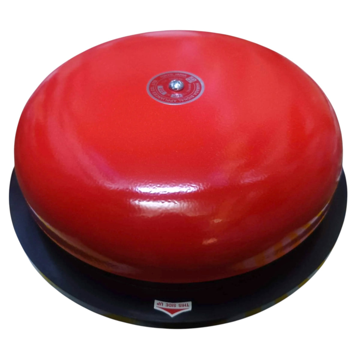 A red dome-shaped fire alarm bell mounted on a black base, shown against a plain white background.