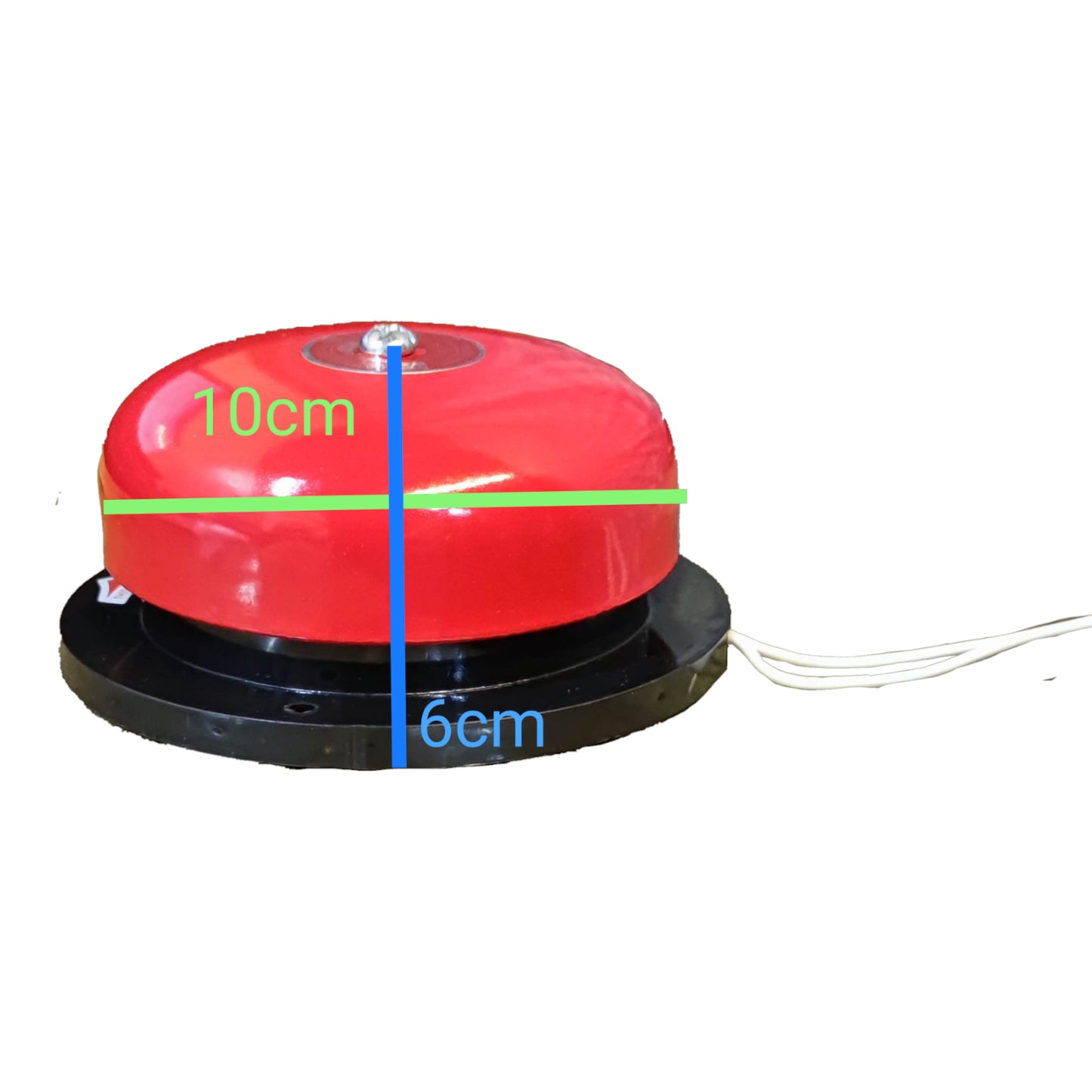 A red dome-shaped alarm or signal device mounted on a black circular base, shown on a white background with overlaid dimension labels reading 10cm, 6cm, and a vertical 6cm line.