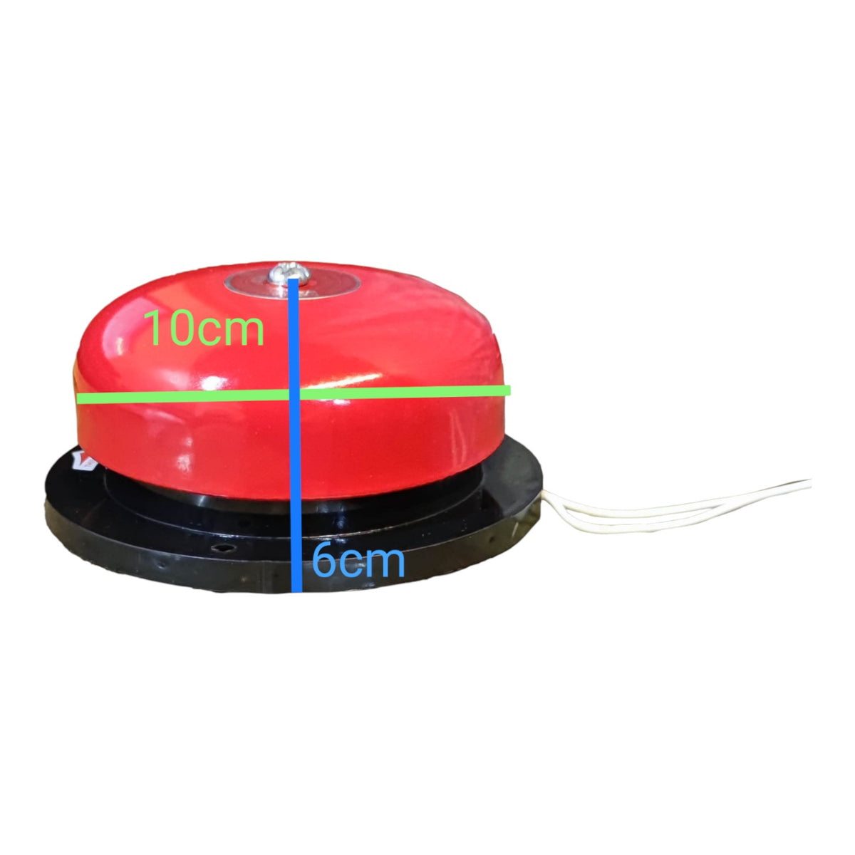 A red dome-shaped device with a black circular base and thin wire leads, shown on a white background with overlaid dimension lines indicating 10 cm width, 6 cm height, and 6 cm base diameter.