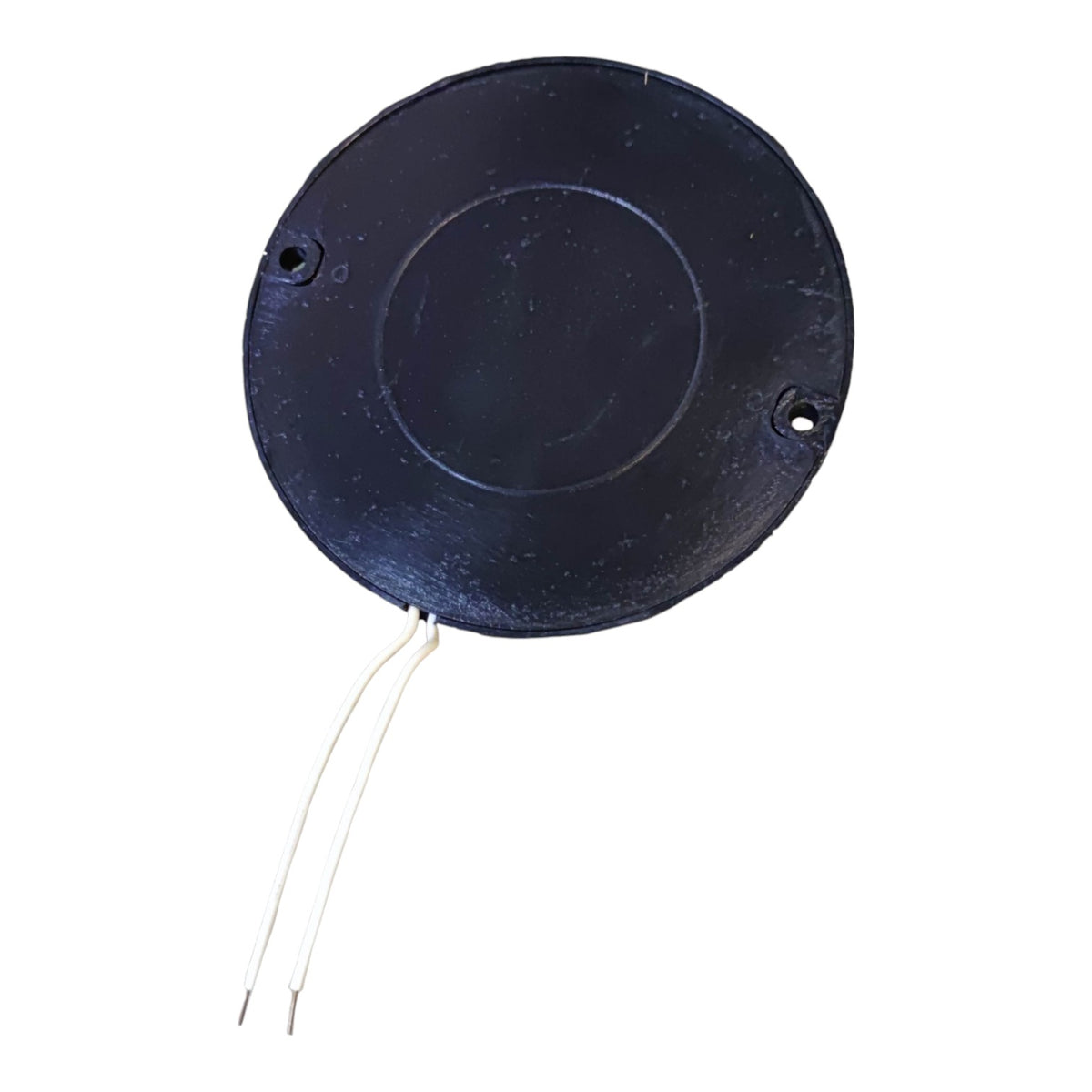 A round black metal component, likely a heat sink or electronic heatsink, featuring two small mounting holes and two thin wire leads extending from the bottom edge, shown against a plain white background.
