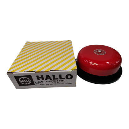 A red HALLO electric bell with a black base shown next to its original box on a plain white background.