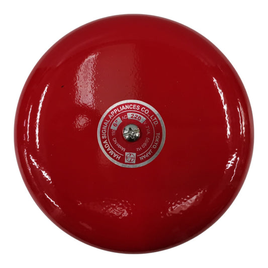 A round red fire alarm bell with a central silver and red label reading 'HARASAKA APPLIANCES CO. LTD.