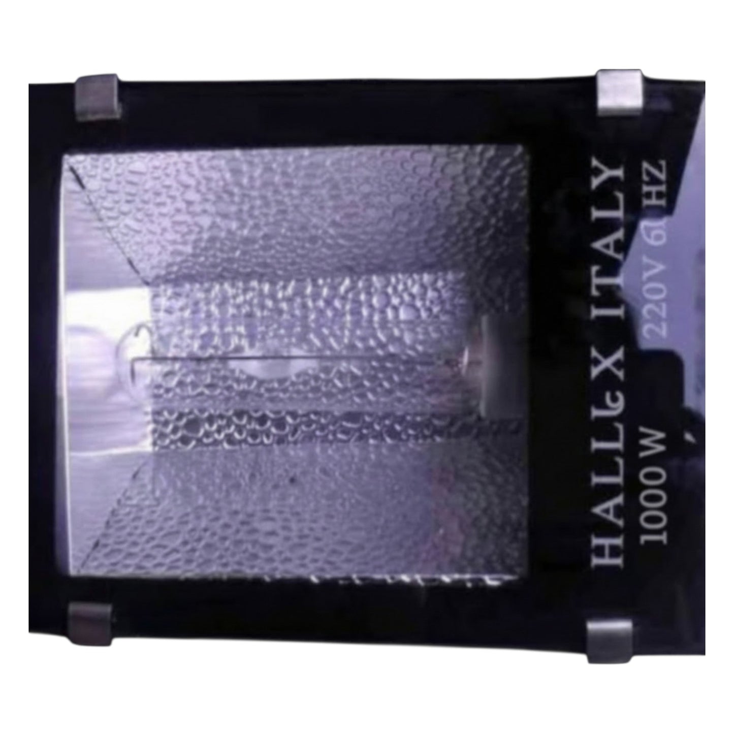 Hallex Italy 1000W light bulb with textured glass cover on a white background