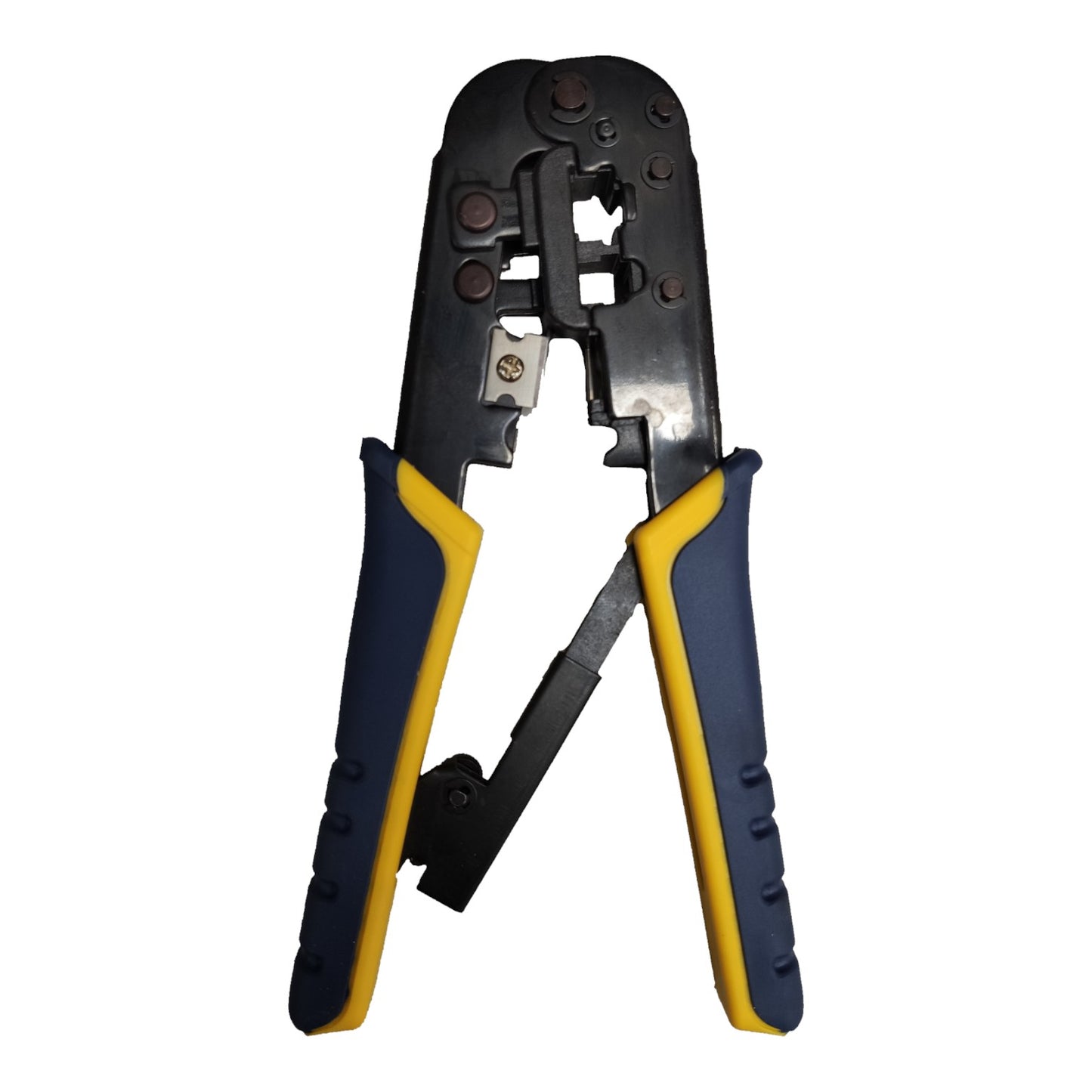 Pair of crimping pliers with black and yellow handles on a white background