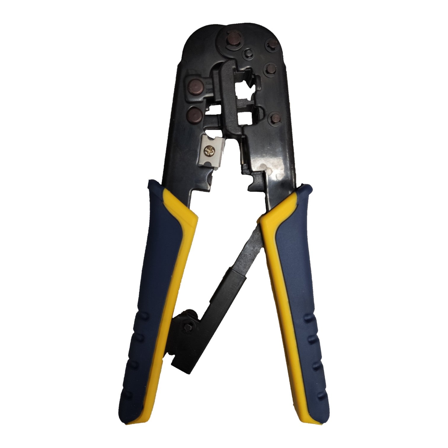 Pair of crimping pliers with black and yellow handles on a white background