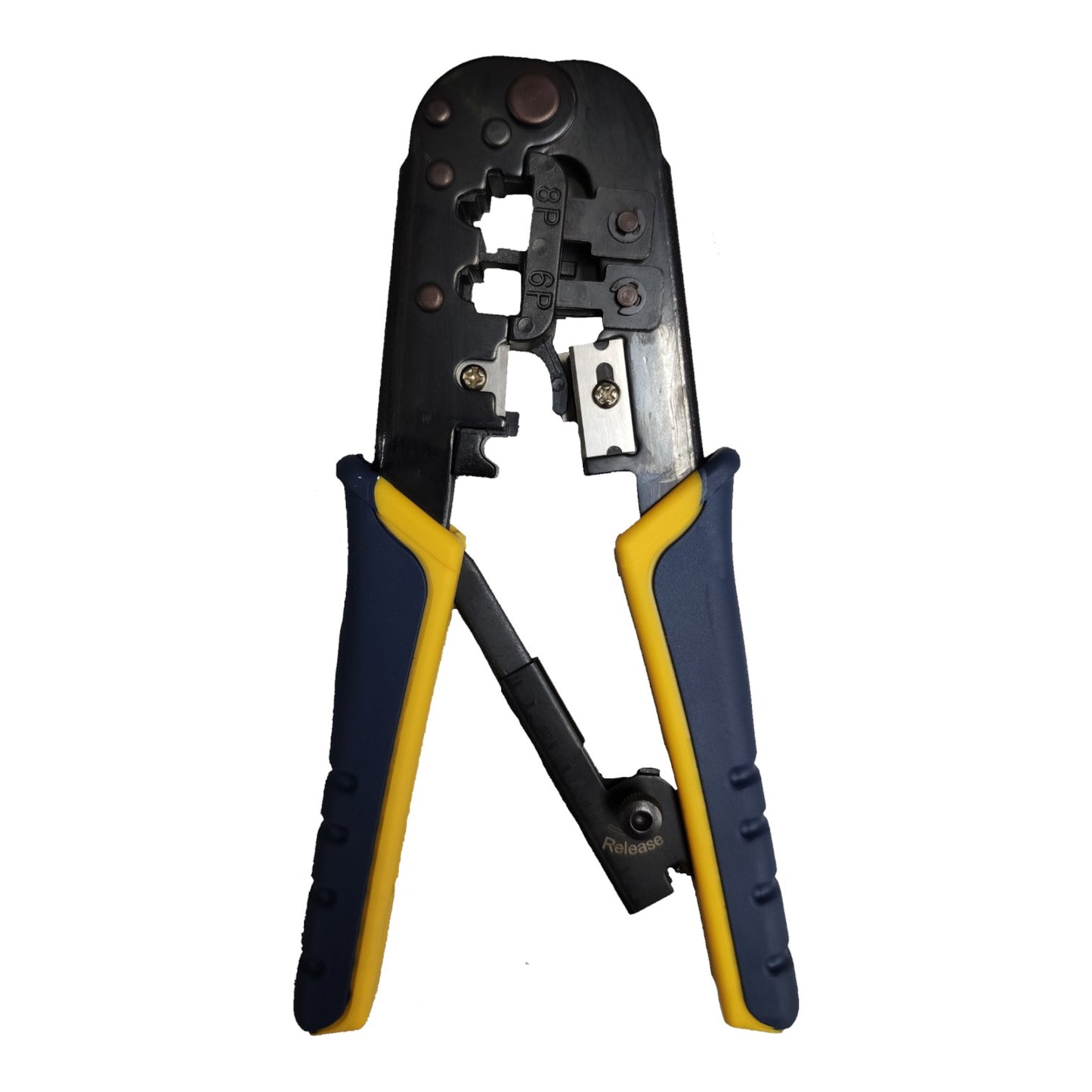 Pair of crimping pliers with black and yellow handles on a white background