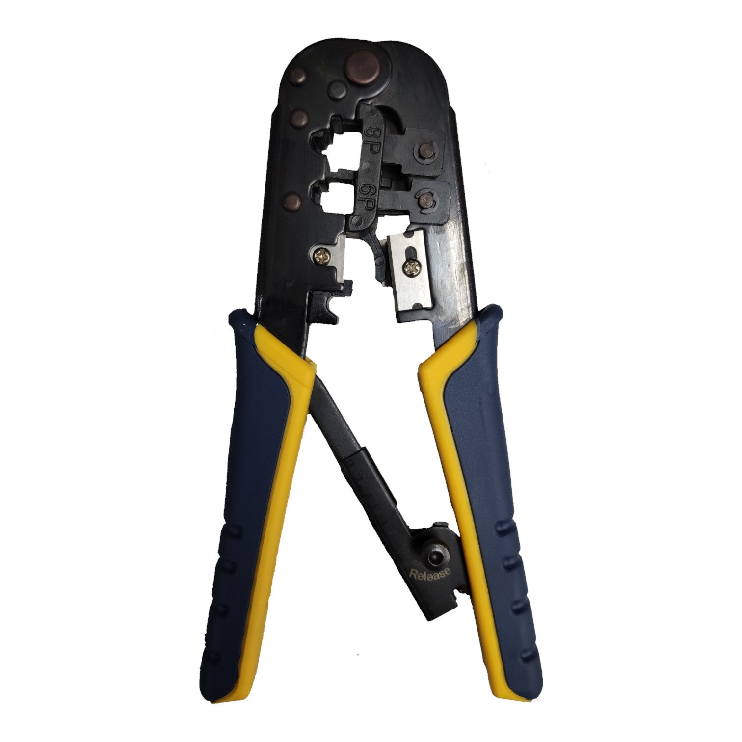 Pair of crimping pliers with black and yellow handles on a white background