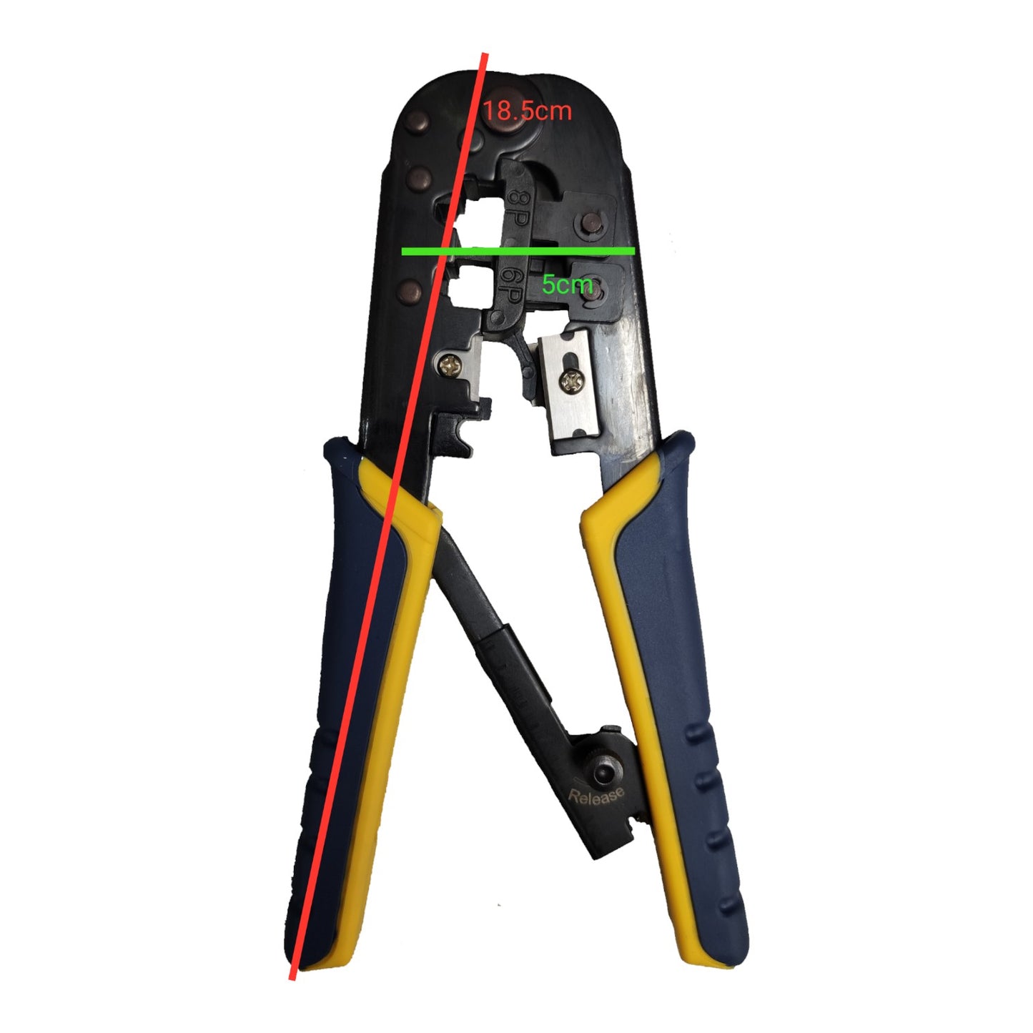 Pair of wire crimping pliers with measurement markings on a white background