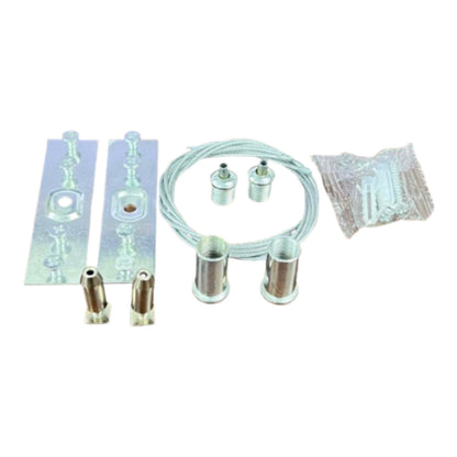 A metal hardware kit laid out on a white background, including two rectangular mounting plates, several cylindrical metal fittings, a coiled metal cable, and a small clear plastic bag containing screws or fasteners.