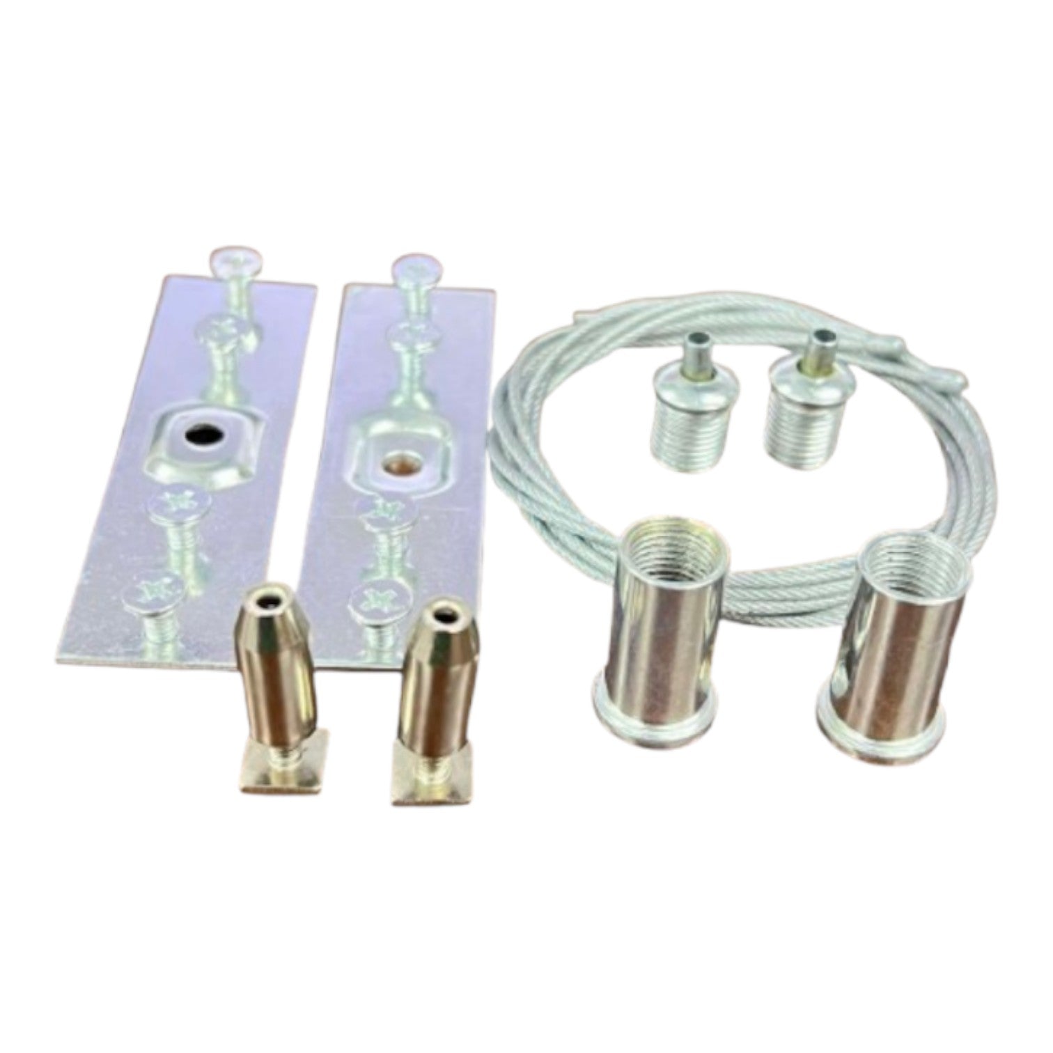 A hardware installation kit containing two rectangular metal plates with pre-drilled holes and knobs, four threaded metal sleeves, two small metal posts, and a coiled silver cable, all arranged on a plain white background.