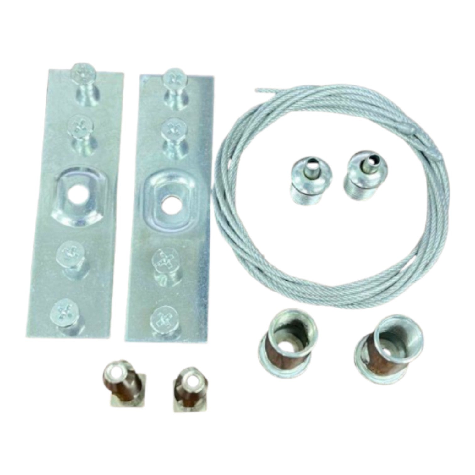 A metal hardware kit with two long silver mounting plates, a coiled silver cable, two small metal fittings, and four small metal connectors, arranged on a plain white background.