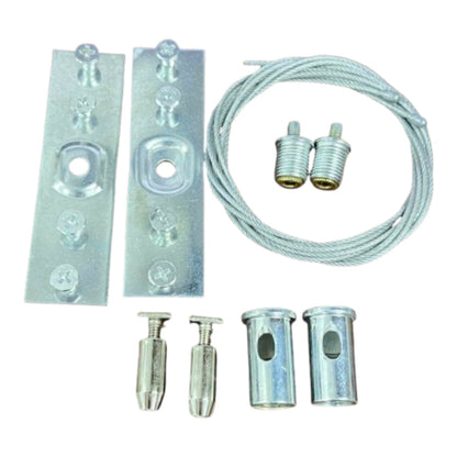 A metal hardware kit on a white background, including two rectangular mounting plates with pre-drilled holes, a coiled cable, two threaded metal connectors, and four cylindrical wall anchors with threaded studs.