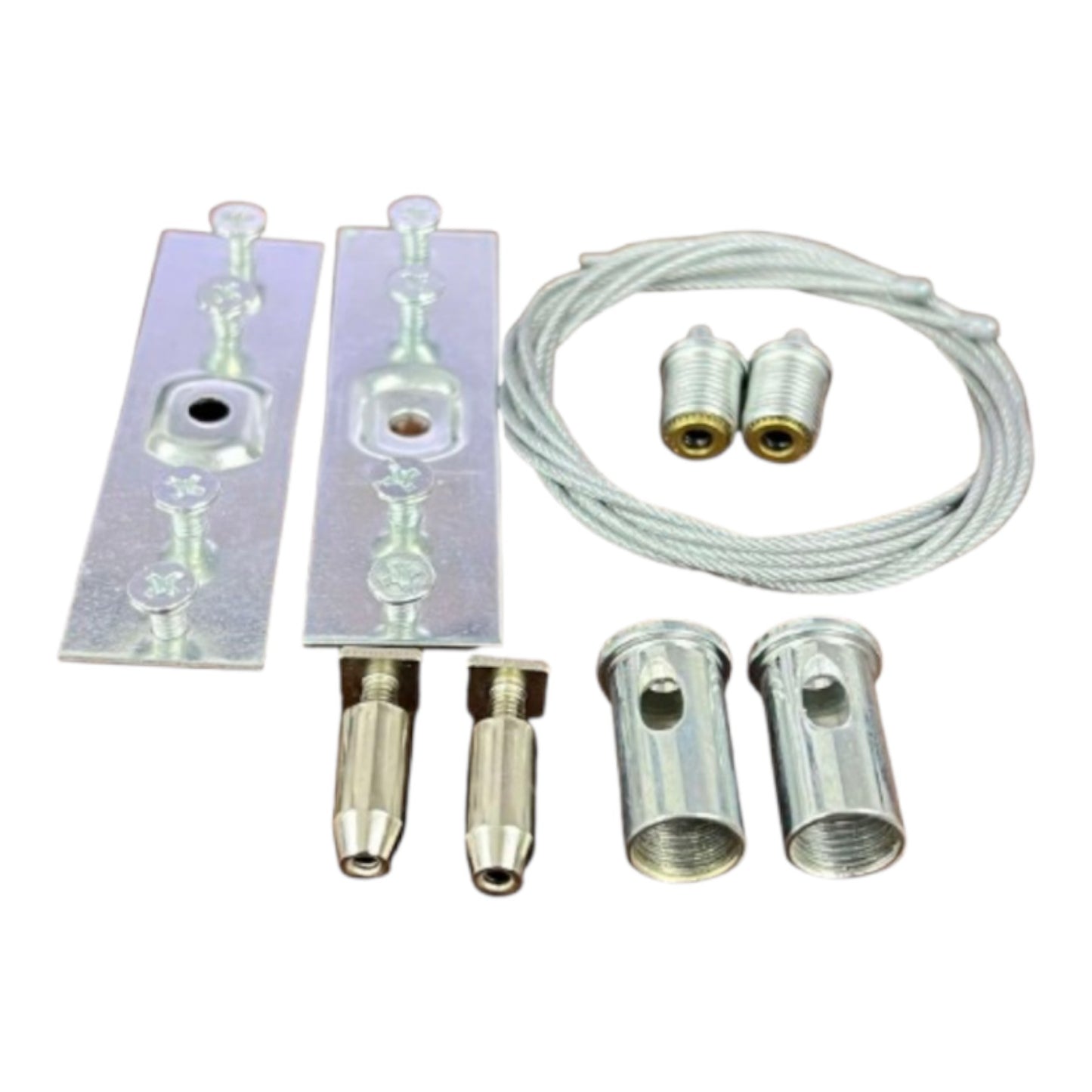 A set of metal hardware components, including two rectangular mounting plates, two cable sleeves, two threaded fittings, and a coiled cable, arranged on a plain white background.