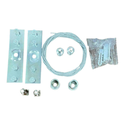 Metal mounting hardware kit with two rectangular silver plates, a coiled metal cable, two small nuts, two bolts, and a small zippered packet on a white background.