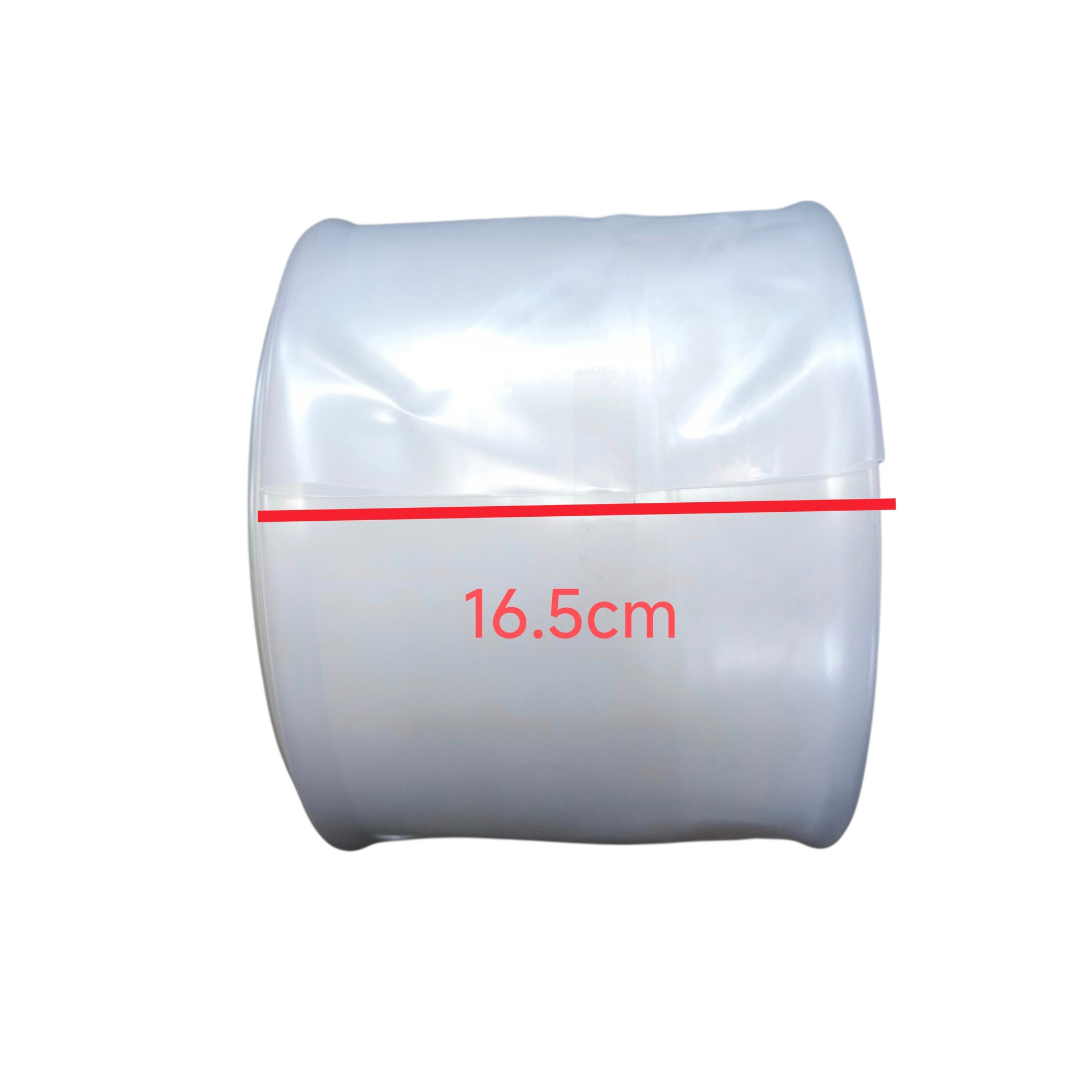 Roll of clear plastic wrap with a red line and measurement '16.5cm' on a white background
