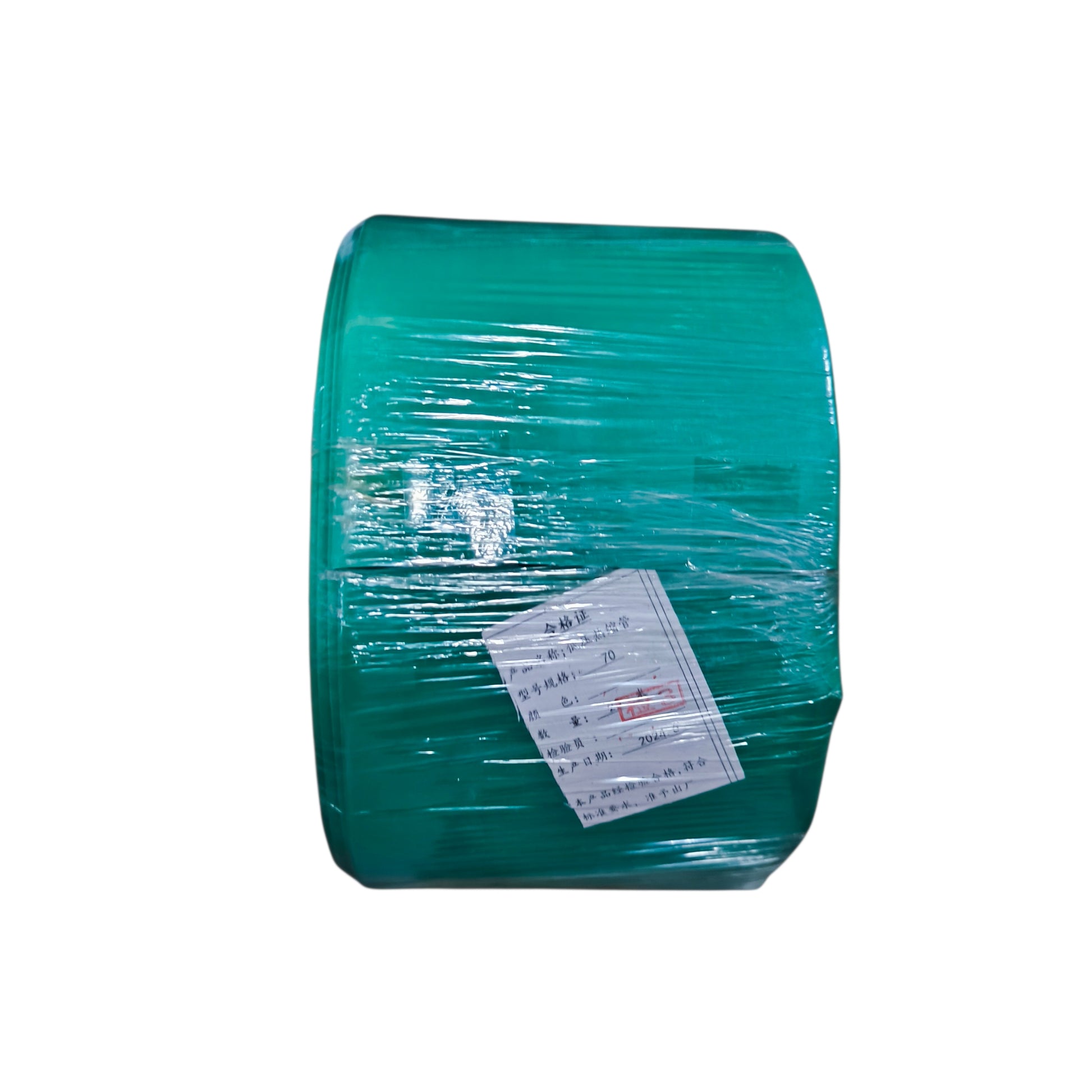 Roll of green plastic wrap with a label on a white background