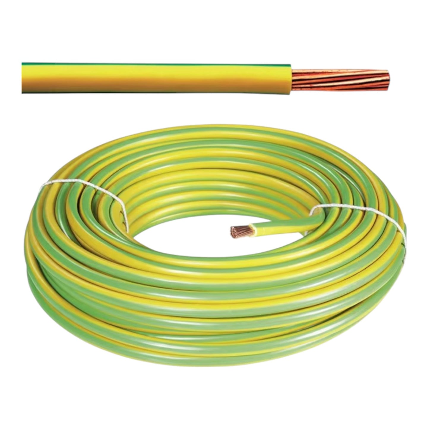 A coiled yellow and green electrical cable with a copper-colored exposed inner conductor, shown on a plain white background with a close-up inset of the cable end.