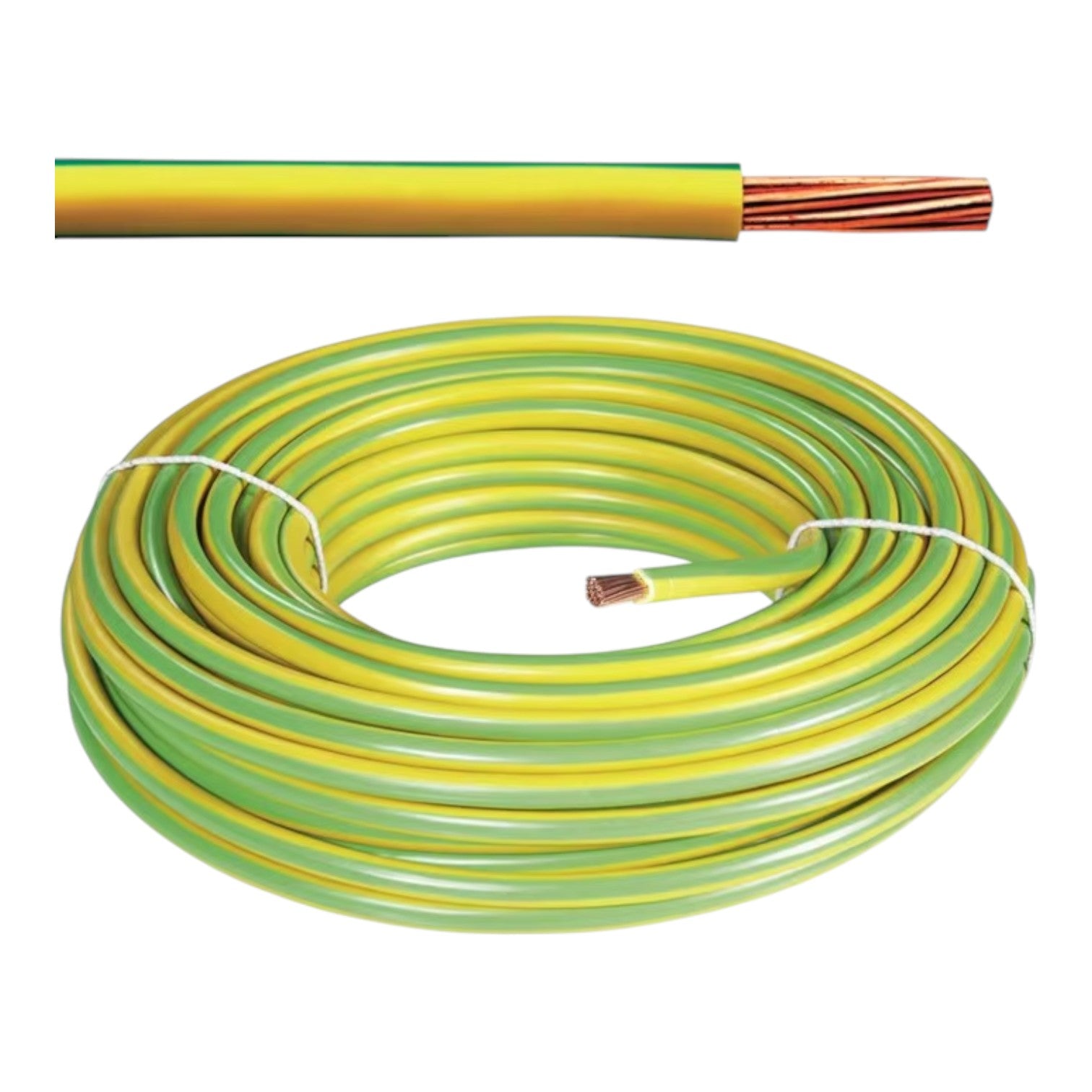 A coiled yellow and green electrical cable with a copper-colored exposed inner conductor, shown on a plain white background with a close-up inset of the cable end.