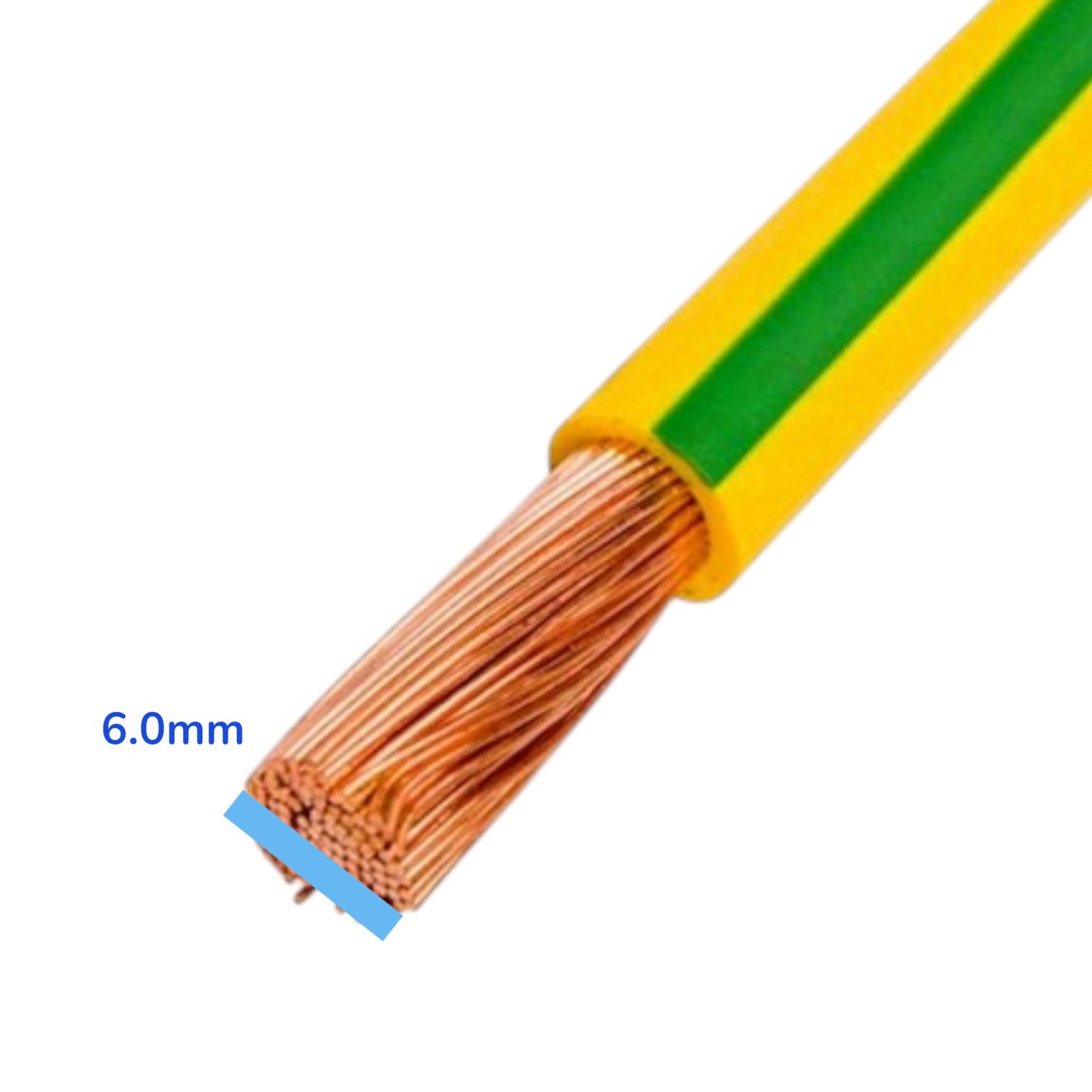 A close-up of a yellow and green insulated cable with exposed copper wire strands, shown on a white background with a blue '6.0mm' size label.
