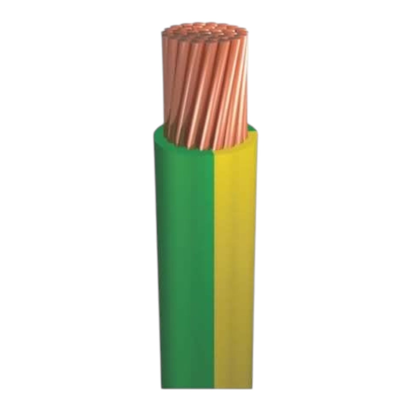 A single cable cross-section on a plain white background, showing a green and yellow outer jacket with exposed copper-colored twisted internal wires at the top.