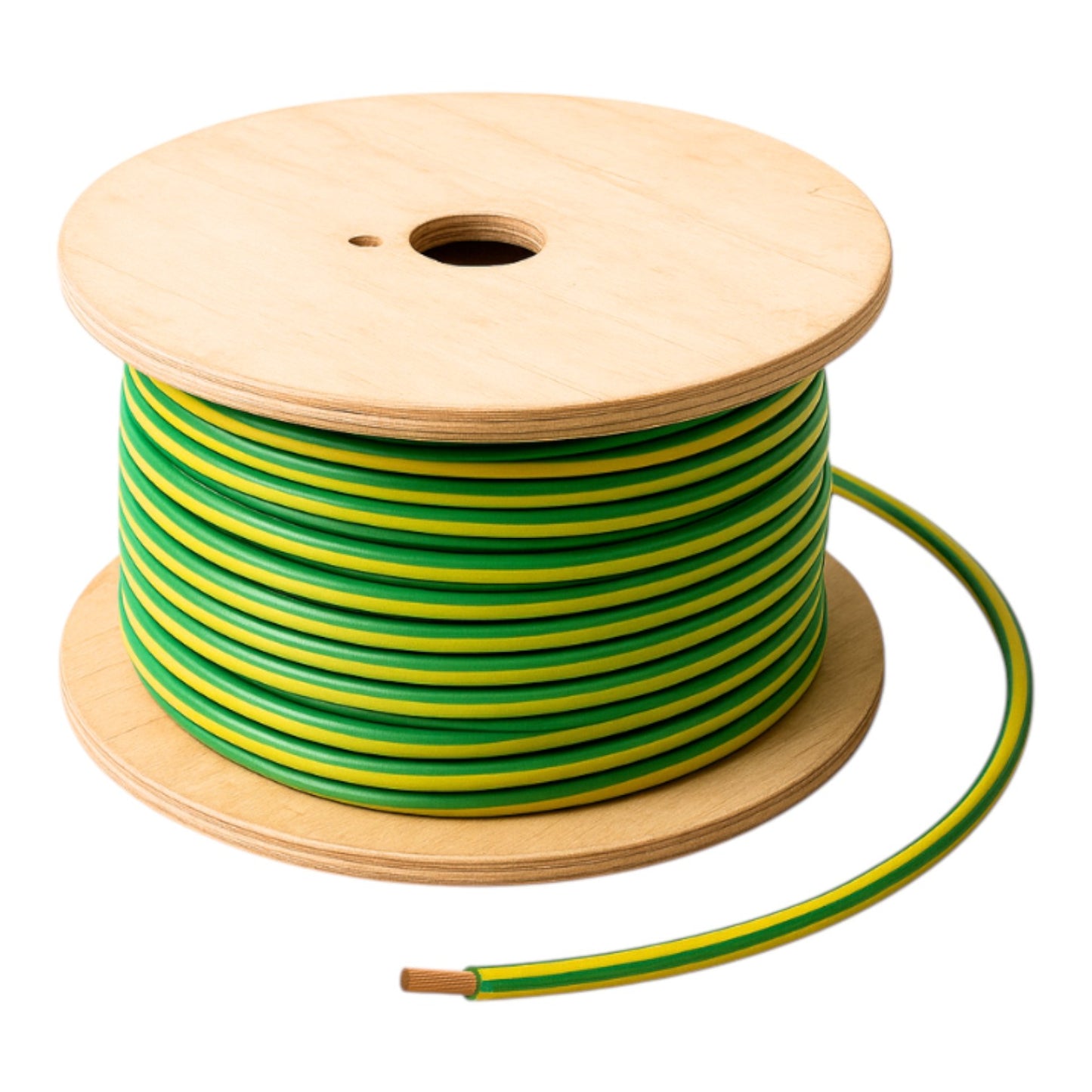 A spool of green and yellow striped electrical wire or cable, wound around a light natural wood core, shown on a plain white background.