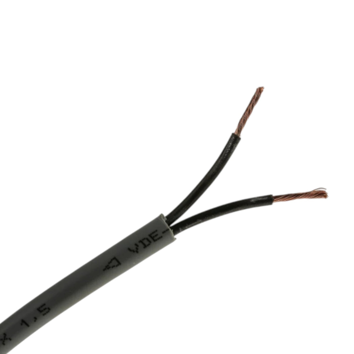 A close-up of a gray multi-core cable with its outer jacket peeled back to show two exposed black-wrapped wires ending in copper-colored tips, on a plain white background.