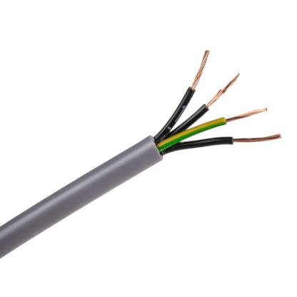 A close-up of a gray multi-core cable with four exposed wires in black, green, and yellow, ending in copper-colored strands, shown on a plain white background.