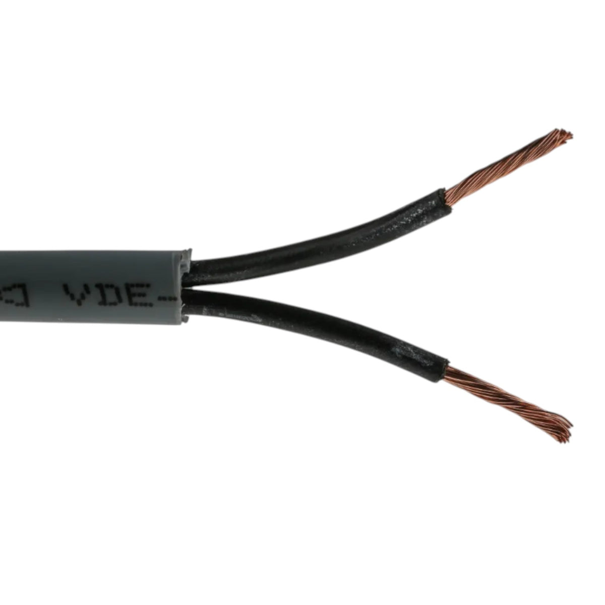 A close-up of a black cable with two exposed twisted copper wire strands, showing the inner conductor color and a gray protective jacket with printed text.