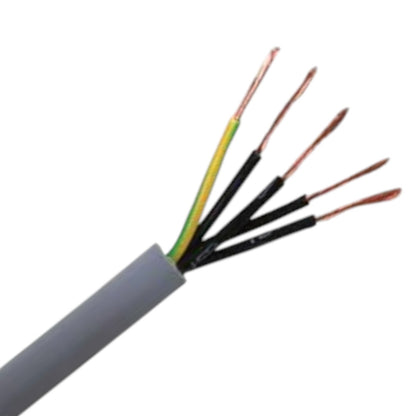 A close-up of a gray multi-core cable with its outer sheath stripped open, showing five internal wires in black, green, yellow, and copper color, on a plain white background.