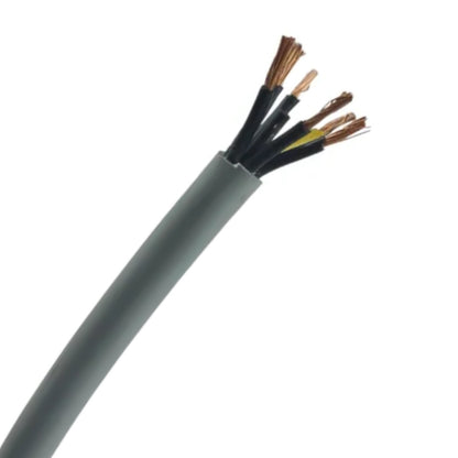 A gray multi-core cable with its outer jacket removed, showing multiple black, yellow, and copper-colored internal wires.