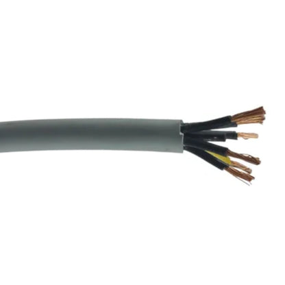 A close-up of a gray multi-core cable with its outer jacket stripped open to show multiple internal wires, including black, yellow, and copper-colored strands, on a plain white background.
