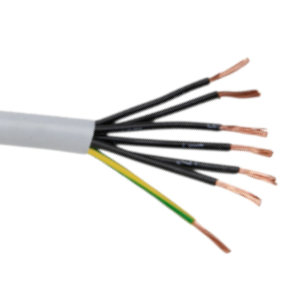 A close-up of a multi-core electrical cable with a white outer sheath, showing exposed copper wires and internal green and yellow conductors on a white background.