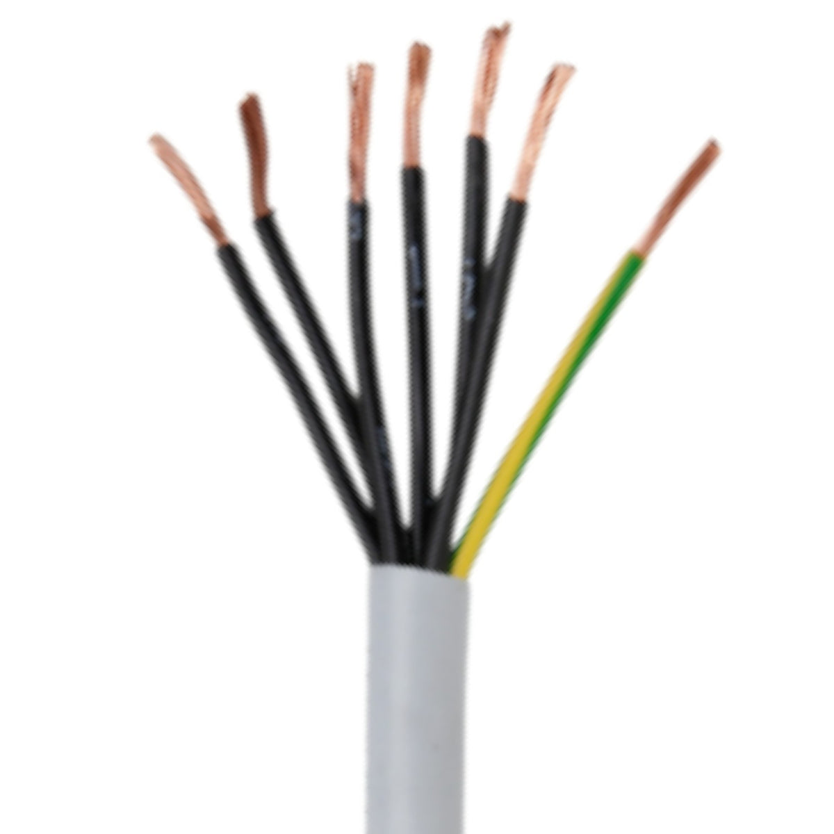 A close-up of a multi-core electrical cable with exposed copper wires in black, yellow, and green insulation, wrapped in a white sheath, on a white background.