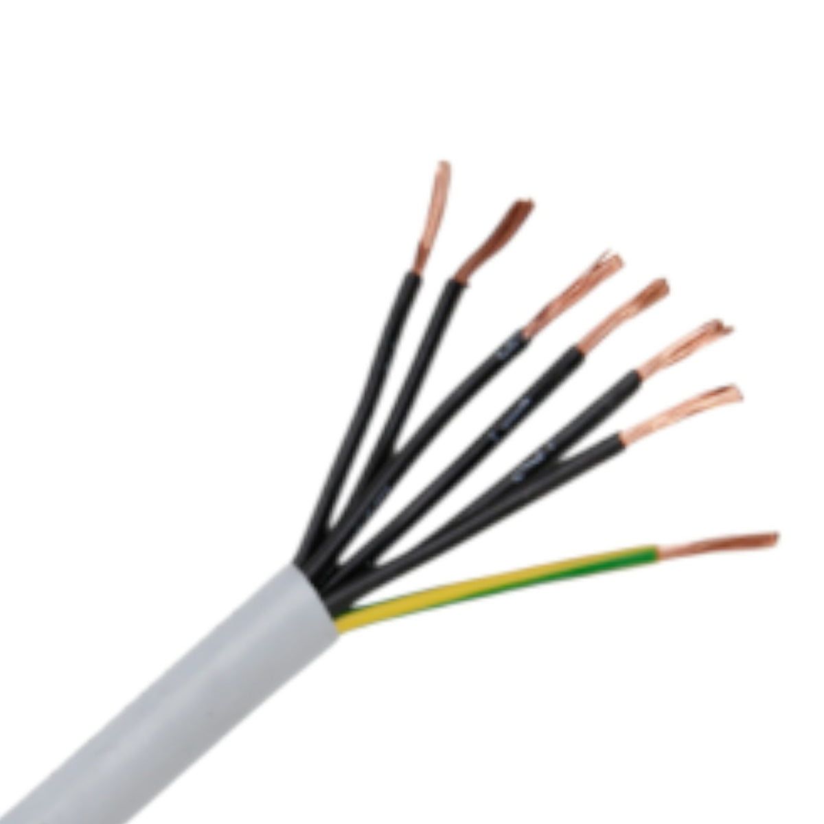 A close-up of a multi-core cable with a gray outer sheath, showing several black insulated wires with exposed copper strands, plus one yellow and one green wire, on a white background.
